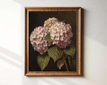 Printable Hydrangea painting, moody botanical wall art, dark floral print, vintage aesthetic, farmhouse decor, DIGITAL DOWNLOAD
