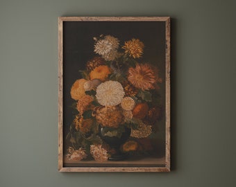 flowers in vase painting, vintage still life print in warm earth tones, botanical art naturecore, Dark Academia decor, DIGITAL DOWNLOAD ART