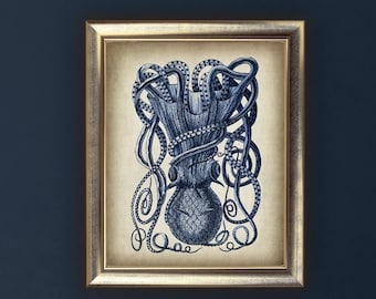 DOWNLOAD Octopus Print, Antique Marine Blue Octopus Digital Print, Bathroom Wall Hanging, Ocean Sea Life Art, Nautical Printable Art DIY
