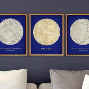 DESCARGAR Astronomía Impresión SET de 3 Constelaciones de Cartas Estelares y Luna, Descarga Instantánea Celestial, Imagen Digital DIY, Arte de pared de decoración del hogar