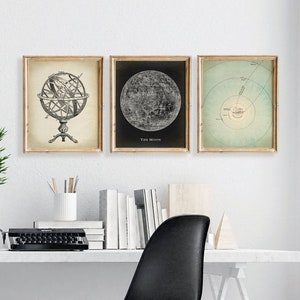 Astronomy Print, SET of 2 PRINTABLE Vintage Celestial Illustration, Moon Illustration, Earth Globe Science Art, Armillary Sphere Diagram