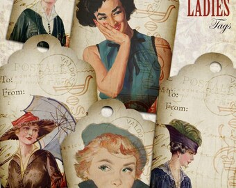 DRUCKBAR Mode Damen Tags Set, jeweils 3x2 Zoll, Vintage Retro Frauen, Geschenkanhänger Digital Download, DIY Crafting Briefpapier, Vintage Etiketten