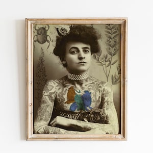 Tattooed Women Art Nouveau Print, Vintage Tattoos, Tattooed Girl Poster, Photo Illustration Wall Art, Black and White Photography Wall Decor