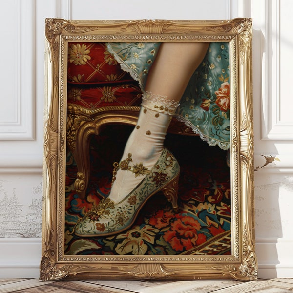 Baroque painting, printable vintage altered art of a woman shoe, maximalist home decor, Renaissance Print, girly wall art, DIGITAL DOWNLOAD