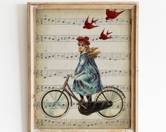 Bike Girl Print, PRINTABLE Illustration Wall Art, Vintage Bike on Music Sheet Wall Decor, Transportation Riding Bicycle, Bicycling