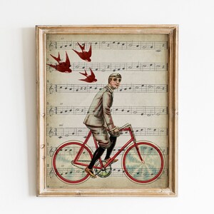 Bike Boy Print, PRINTABLE Illustration Wall Art, Vintage Bike on Music Sheet Wall Decor, Transportation Riding Bicycle, Bicycling