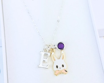 Easter Bunny personalised necklace for granddaughter, happy easter cute rabbit gift for goddaughter, custom necklace with initial and stone