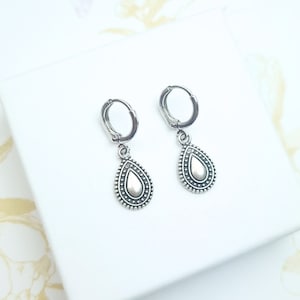 Antique silver lever back teardrop earrings, hoop earrings with teardrop charm, Huggie hoop teardrop earrings, simple stacking jewellery