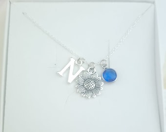 Personalised sunflower silver necklace with initial and birthstone, flower charm jewellery, birthday gift for mum, daughter or friend