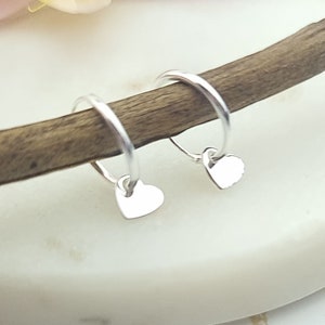 May include: A pair of silver hoop earrings with small heart charms hanging from them. The earrings are displayed on a wooden branch.