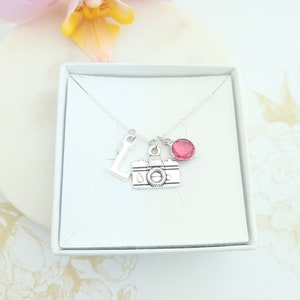 Camera necklace, travel necklace, photographer gift, camera charm, silver initial necklace, vintage camera, live every moment, friend gift