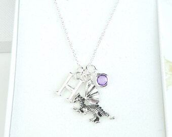 Silver Dragon Necklace, Initial Charm, Birthstone, Geeky Jewellery