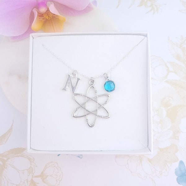 Personalised Atom Necklace, Science Jewellery Gift, Atom Pendant Chemistry Gift, geeky gift, initial and birthstone, quirky necklace