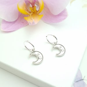 Stars and moon huggie hoop earrings, boho celestial drop earrings, minimal jewellery, small sterling silver hoop, everyday stacking earrings