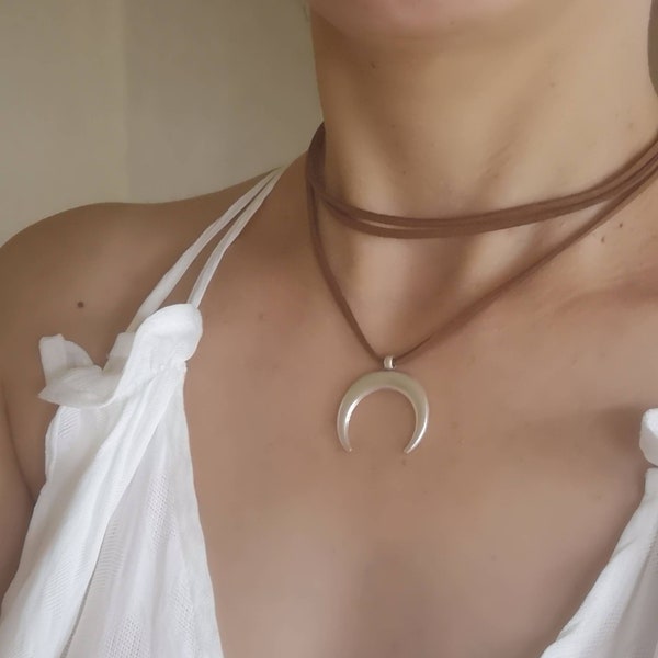 Half moon leather bohemian necklace, moon choker for women, bohemian choker, boho wrap necklace, crescent moon choker, silver moon charm