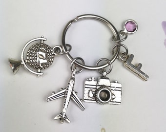 Camera keychain, wanderlust, photographer gift, airplane keychain, world globe keyring, personalized gift, travel gifts for men, traveller