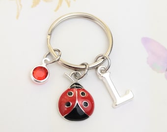 Ladybug keychain, personalized gift, ladybug charm, cute keychain, monogram keychain, initial letter, birthstone keyring, best friend gift
