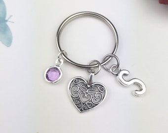 Personalised keyring, initial letter, heart key ring, small gift, filigree heart charm, monogram keychain, friend gift, love keychain