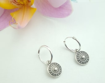 Antique silver lever back coin earrings, small sterling silver Huggie Hoop Earrings, simple silver hoops, tiny dangle coin charm, stacking