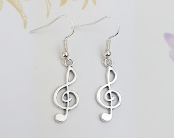 Music earrings, treble clef earrings, music gifts, musician jewelry, silver dangle earrings, music note jewelry, drop earrings, small gift