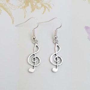 Music earrings, treble clef earrings, music gifts, musician jewelry, silver dangle earrings, music note jewelry, drop earrings, small gift