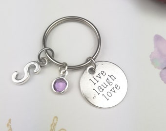 Personalised keyring, initial letter, live laugh love key ring, small gift, monogram keychain, inspirational quote gift, cute gift for girl