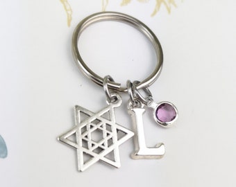 Star of david keychain, magen david, personalized gift, jewish star, initial keychain, david star pendant, birthstone keyring, hebrew charm