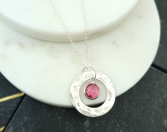 October birth month necklace for women, sterling silver pink stone crystal necklace with hammered disc, family jewellery, birthday gift