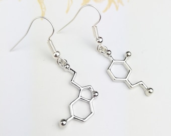 Mismatched earrings, serotonin dopamine earrings, happiness love molecule, psychology gifts, science jewelry, graduation gift, geeky gifts