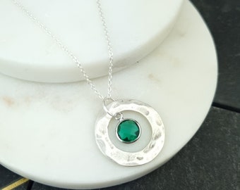 May birthstone necklace for women, sterling silver emerald stone crystal necklace with hammered disc, family jewellery, birthday gift idea