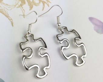 Jigsaw puzzle earrings, puzzle piece earrings, drop earrings, unusual earrings, autism awareness, puzzler lover gift, cute earrings