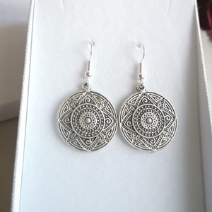 Silver boho dangle earrings, geometric mandala drop earrings, dangling earrings, women bohemian earrings, circle silver earrings for her