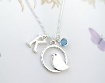Bird necklace, personalized gift, animal jewelry, bird lover gift, robin necklace, nature lover gift, silver charm necklace, birthstone