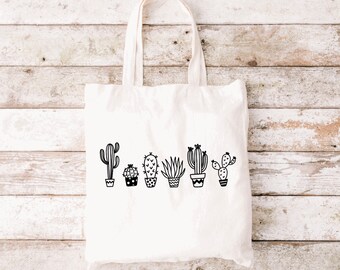 Handmade grey cactus print cotton tote bag with cotton lining