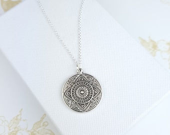 Silver mandala yoga necklace, simple necklaces for women, layering necklace boho, ethnic necklaces for women, long layered necklace