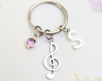Music gifts, music teacher gift, treble clef keychain, personalized gift, music lovers gift, initial keychain, birthstone keyring, musician
