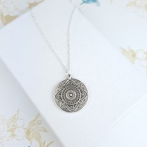 Silver mandala yoga necklace, simple necklaces for women, layering necklace boho, ethnic necklaces for women, long layered necklace