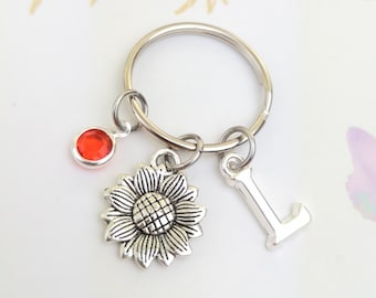 Sunflower keychain, sunflower gifts, personalized gift, initial keychain, sunflower charm, flower keyring, cute keychain, birthstone crystal