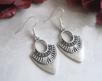 Silver Boho Dangle Earrings, Shield Drop Earrings, Bohemian Jewelry