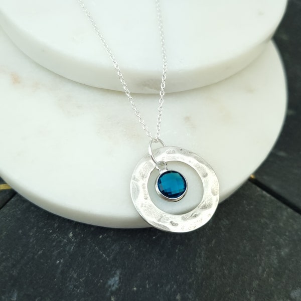 December birth month necklace for women, sterling silver blue topaz crystal necklace with hammered disc, family jewellery, birthday gift