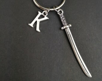 Sword keychain, katana sword, fantasy gifts, personalized gift, initial keychain, birthstone keyring, samurai sword, men key ring