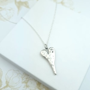 Sterling silver hammered heart pendant necklace, boho heart style jewellery, gift for wife, daughter, girlfriend, statement unique necklace