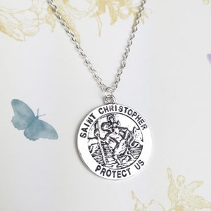 St Christopher necklace, St Christopher medal, travel necklace, St Christopher protect us, travel protection, silver necklace, initial charm