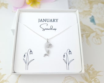 Birth month flower necklace, sterling silver Snowdrop flower necklace, wildflower jewellery, January birthday gift, floral nature lover gift