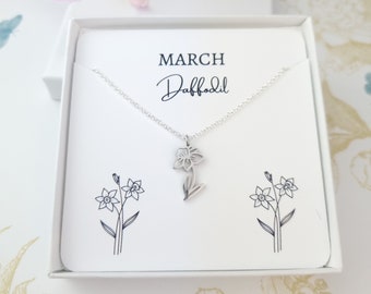 Birth month flower necklace, sterling silver daffodil flower necklace, wildflower jewellery, February birthday gift, floral nature lover