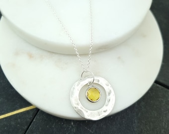 November birth month necklace for women, sterling silver citrine crystal necklace with hammered circle disc, family jewellery, birthday gift