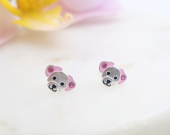 Cute dog stud earrings in sterling silver, cute animal stud earrings for children, puppy pink studs, pet gifts, little girls jewellery