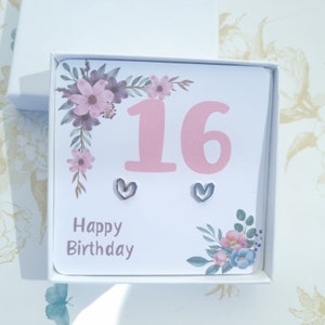 Cadeau du 16e anniversaire, boucles d'oreilles coeur, cadeau de 16 ans pour fille, soeur, petite-fille, cousine, cadeau souvenir d'une étape importante