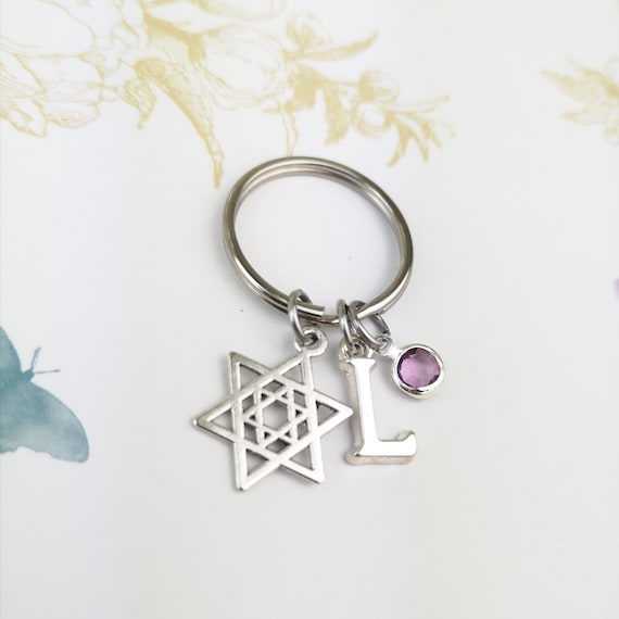 Star of david keychain, magen david, personalised gift, jewish star, initial keychain, david star pendant, birthstone keyring, hebrew charm