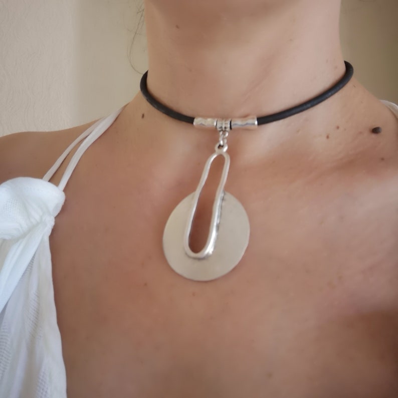 Vegan leather statement shield necklace for women leather bib necklace cork leather choker necklace leather statement necklaces